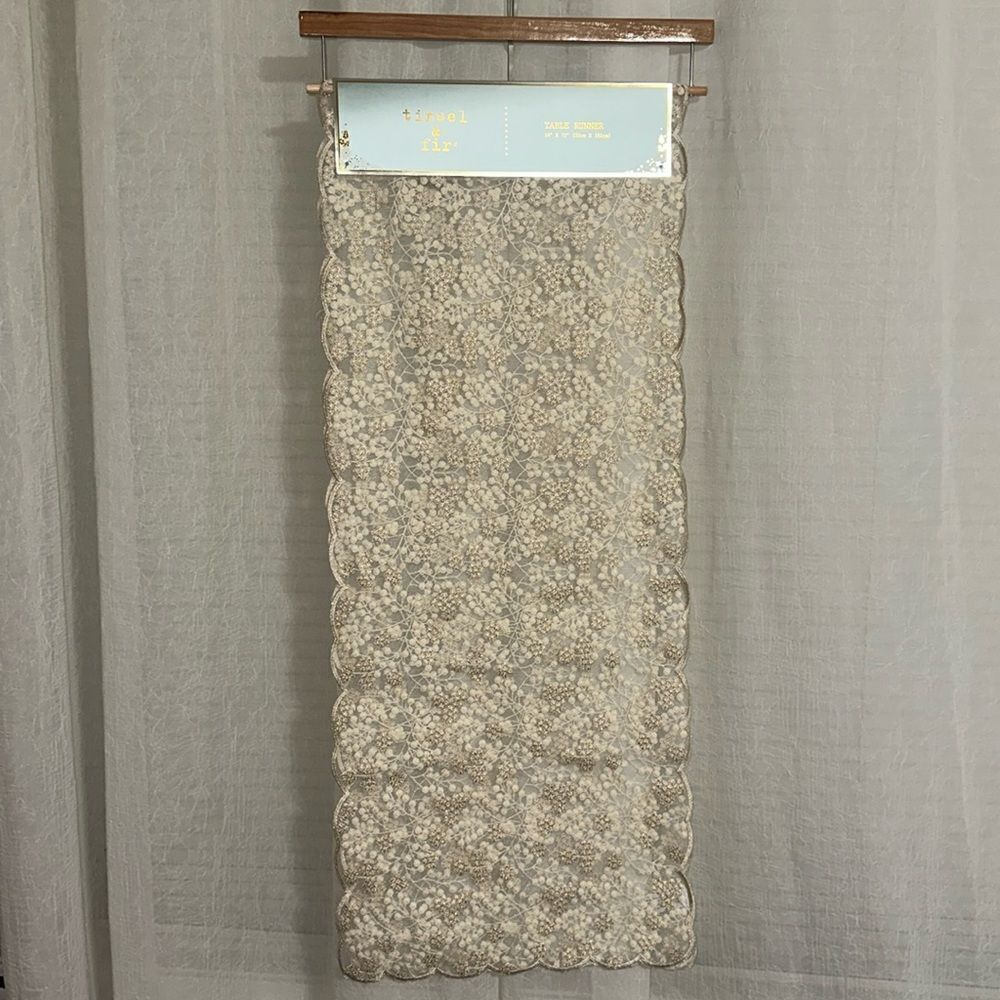 tinsel & fir Ivory Gold Embroidered Floral Winter Branches Lace Table Runner